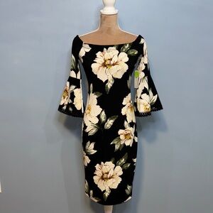 Premier Amour Chic Black Floral Midi Dress with Bell Sleeves Size 6
